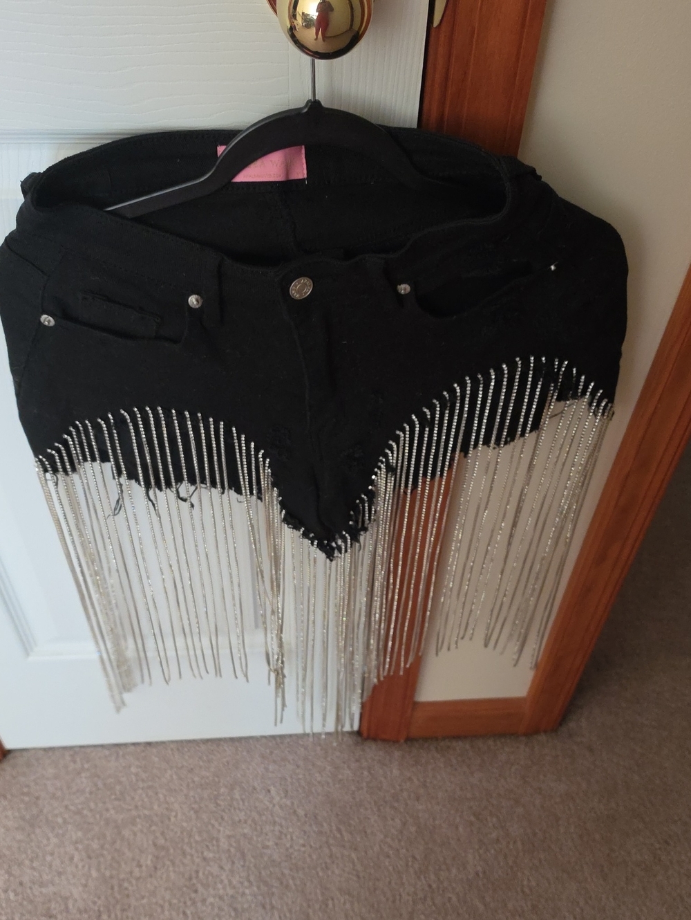 Black Women's High-Waist Denim Shorts with Silver Fringe